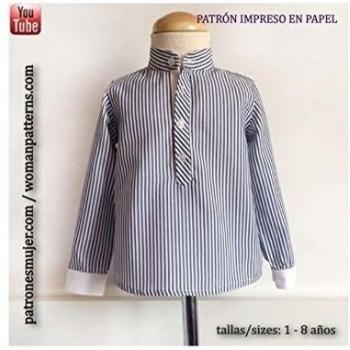 Patrón de costura camisa niño con cuello mao, con vídeo-tutorial para realizarlo. Talla 1 a 8 años. Patrón multitalla en papel.