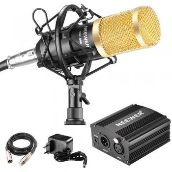Neewer - NW-800 90088373 - Micrófono 48V Fuente Phantom con Adaptador de Corriente, Montaje de Choque, Cubierta de Espuma Anti-Viento, Cable de Audio XLR y Fuente de Alimentación - Color Negro
