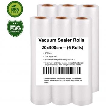 Rollo Envasado Vacío, 6 Rollos Bolsas de vacío 20x300cm de Grado Comercial para el Ahorrador de Alimentos y Sous Vide Cocina, Aprobación de la FDA y BPA Free