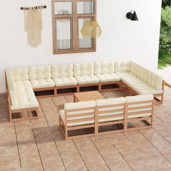 Set de muebles de jardín 14 piezas con cojines en madera maciza de pino ámbar