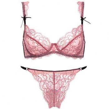 SHEKINI Conjuntos de lencería Sexy Ropa Interior para Mujer Sujetador con Aros Sin Relleno Push up Sujetador y Bragas de Encaje Transparente Caliente Sexy Bralette y Tanga