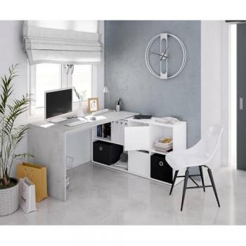 Escritorio Reversible Vallejo con Librería de Seis Compartimentos, Color Blanco y Concreto, 136 x 74 x 139 cm