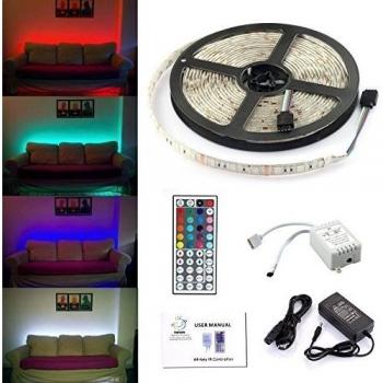 Simfonio Tiras LED Iluminación 5m 300leds Impermeable IP65 5050 SMD RGB Multicolor Tira de Led Kit Completo con Control remoto de 44 botones y fuente de alimentación 12V 5A para el Hogar Decorativo