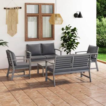 Conjunto de sofás de jardín de 5 piezas con cojines en gris y madera maciza de acacia