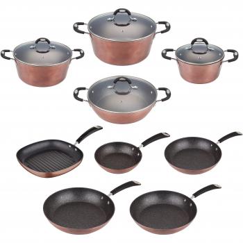 San Ignacio Batería Cocina SIP Sartenes Ø20/24/28/30 y Grill 28, Cacerolas con Tapa Ø20/24/28 con Tartera Ø28 cms, Color Cobre, Asas y pomos revestidos de Silicona, inducción, Aluminio Forjado, 30 cm