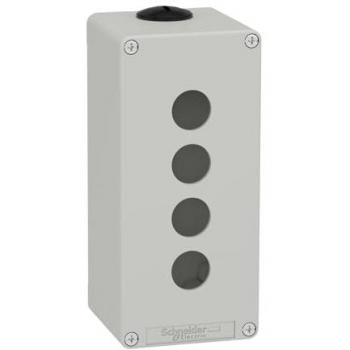 Caja de uso general de metal Schneider Electric XAPD3504, dimensiones 175 x 80 x 77 mm, carcasa vacía, color gris, con capacidad para 4 puntos de comando de 22 mm