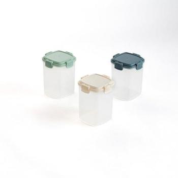 Set de 3 Recipientes Herméticos de Plástico Beige 18x6x8cm con Tapa y 4 Cierres, Apto Microondas y Frigorífico