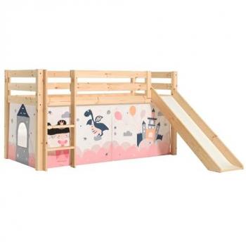 Cama media altura Vipack Pino con tobogán y set textil Princesa Sofía, 90x200 cm, madera de pino maciza, fabricada en Europa
