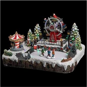 Pro Navidad® Escena de navidad Weiner - Feria navideña luminosa 39 LEDs con carrusel, noria y patinadores - Dimensiones: 35x29x22 cm