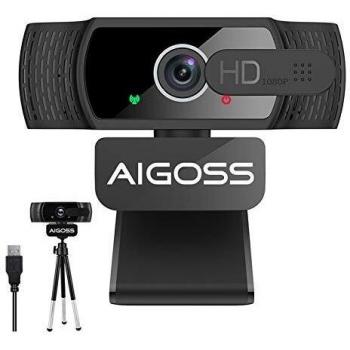 Aigoss Webcam con Micrófono para PC,1080P USB Cámara Web con Cover Y trípode para Video Chat y Grabación, Compatible con Windows, Mac y Android