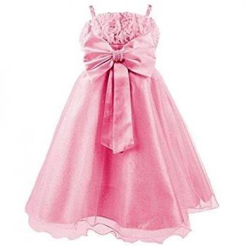Princesas Disney - Vestido de verano de fiestas y gala con falda de tul, con cinturón de parlas y lazo para niña, color rosa brillante, 6-7 años