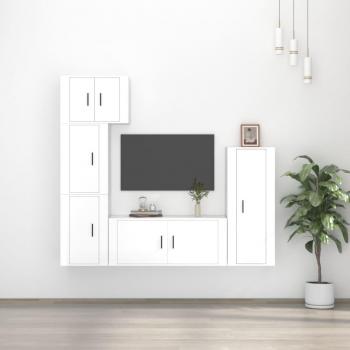 Set de muebles de TV 5 piezas de madera multicapa pulida blanca