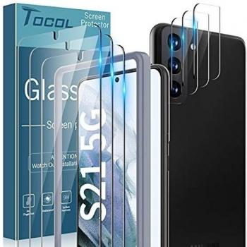 TOCOL 6 Piezas Protector de Pantalla para Samsung Galaxy S21 5G 3 Piezas Cristal Templado y 3 Piezas Protector de Lente de cámara HD Vidrio Templado Marco de posicionamiento 9H Dureza