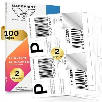 Etiqueta Adhesiva A4 MARCPRINT - 100 Hojas - Autoadhesivas para Impresoras de Láser y Tinta - 2 Etiquetas por Hoja