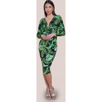 Goddiva Tropical Print Midi Dress with Batwing Sleeves - Green - Size 16 UK