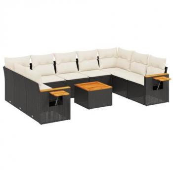 10-Piece Black Poly Rattan Garden Sofa Set with Cushions