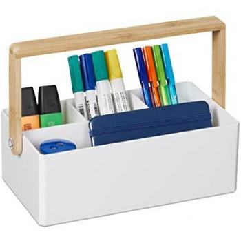 Organizador Portátil con Asa de Bambú, 4 Compartimentos, Almacenamiento, 8.5 x 26 x 16 cm, Blanco