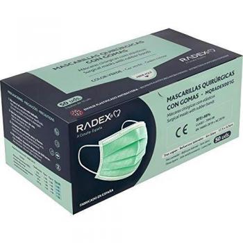 RADEX 85005020. Caja de 50 Mascarillas Quirúrgicas Tipo IIR con Gomas, Verde, Fabricado en España, Tres Capas, Material Hipo Alergénicos, Resistente a Salpicaduras