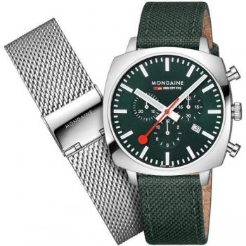 Mondaine Grand Cushion Chronograph Watch Set - Green Dial, 41mm