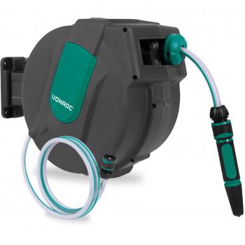 Carrete automático para manguera de jardín con 15m de manguera, boquilla, acoplamientos y conector de grifo
