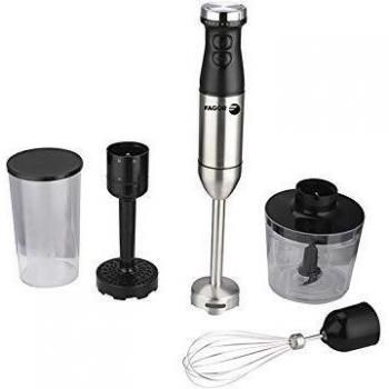 Fagor Batidora de mano DIVAMIX Plus 800W de potencia. Incluye 4 accesorios: Vaso medidor 700ml, minicpicadora de 500ml, Varillas emulsionadoras y pasapurés. Pie desmontable de acero inoxidable.