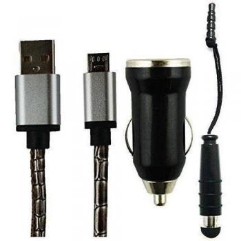 Emartbuy Trio Paquete para XORO TelePAD 10A3 4G 10.1 Pulgadas Tableta PC - Negro 1 Amp USB Cargador de Coche + Negro Mini Lápiz Óptico + Reptile Print Marrón Micro USB Cable