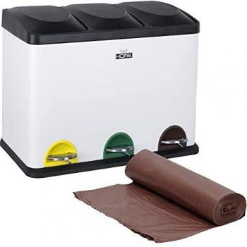 Pack de Cubo de reciclaje 45 L. de 3 compartimentos CON rollo de 20 bolsas de basura de 20 L., reciclaje de basura / cubos de reciclaje, Gran Capacidad, para Papel, Vidrio y Plástico en color BLANCO