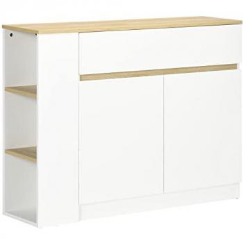 Aparador de Cocina Blanco HOMCOM con 2 Puertas, Cajón y 3 Estantes Abiertos, Armario de Almacenamiento para Salón-Comedor, Dimensiones: 110x29.5x82 cm