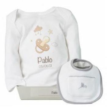 Canastilla personalizada Bebé de París - Babero con bolsillo delantero y body gris