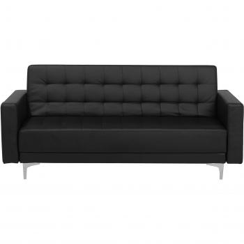 Sofá Cama Modular de 3 Plazas en Piel Sintética Negra con Patas Plateadas y Brazo Recto Acolchado