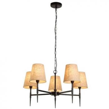 Lámpara colgante industrial gótica de 5 luces en acero negro martillado con pantalla de lino natural E14