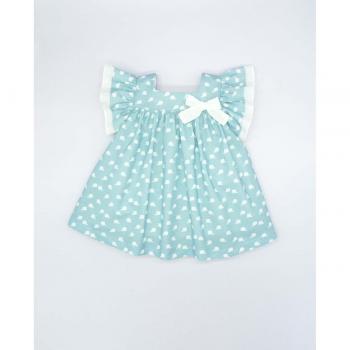 Vestido de bebé niña de algodón en color azul con estampado ballenas, volantes y lazo