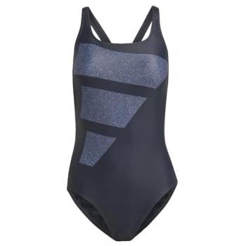 Adidas Bañador Big Bars Negro, traje de baño para mujer, color negro con detalles en plata y violeta, talla 42