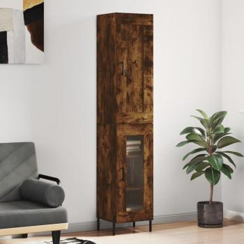 Aparador alto de madera contrachapada en roble ahumado 34,5x34x180 cm con 1 puerta de cristal, cajón de madera y diseño moderno para salón