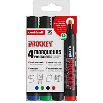 Marqueadores permanentes uni-ball PROCKEY, punta biseautada ancha, 4 colores (negro, azul, rojo, verde)
