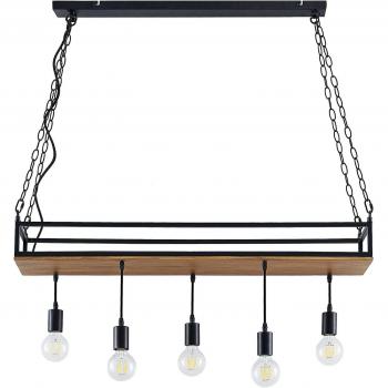 Lámpara colgante Lindby Kirista, 5 luces, negra, madera, 100 cm, vintage, metal, E27 para salón y comedor