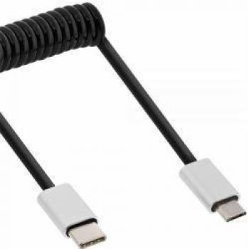 Cable USB 2.0 Espiral de 3 m con Conectores USB-C y Micro-USB B, Negro
