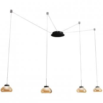 Lámpara colgante LED Arabella de Fabas Luce, 4 luces, color negro/ámbar, fabricada en metal y vidrio soplado