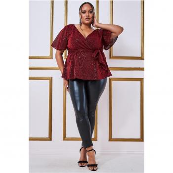 Goddiva Plus Lurex Flutter Sleeve Wrap Top - Wine