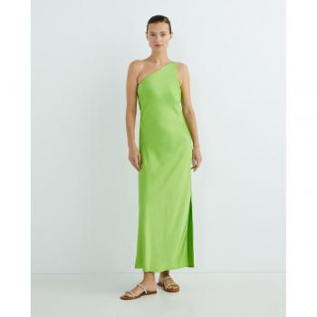 Selected Femme - Vestido midi satinado asimétrico con diseño asimétrico, tejido satinado, largo midi, tirantes finos y ajuste ceñido
