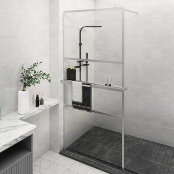 Mampara de ducha con estante de vidrio ESG y aluminio cromado, 100x195cm, modelo esmerilado, 2 barras horizontales, diseño Stone