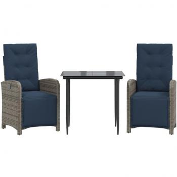 3-Piece Gray Poly Rattan Bistro Set with Cushions