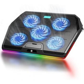 TECKNET Base de Refrigeración RGB Ordenador Portátil Gaming Cooler con 5 Ventiladores Silenciosos Fuerte para 12-19 Pulgadas, 2 USB Luz LED Azul