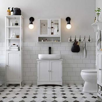 VASAGLE Armario de Baño, Armario del Lavabo, Mueble de Almacenaje, con 2 Puertas, 2 Compartimentos, Balda Ajustable en altura, Resistente a la Humedad, 60 x 30 x 60 cm, Color Blanco BBC01WT