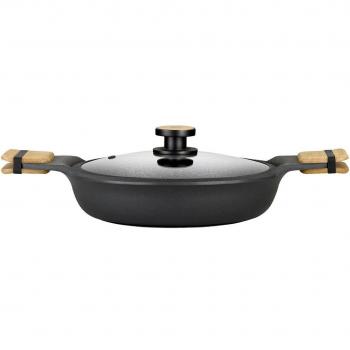 Bra Cacerola Baja Market 24 cm Aluminio Fundido con Revestimiento Antiadherente Teflón, Pomo de Madera de Haya y Tapa de Cristal A790524