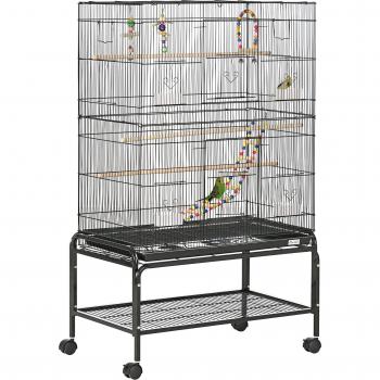 PawHut Jaula para Pájaros con Ruedas 79x49x133 cm Pajarera Metálico con 4 Comederos 3 Perchas Juguetes para Periquitos Negro