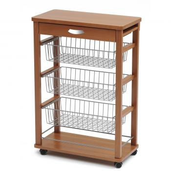 Trolley de cocina Raikon 530, madera de haya maciza, con 3 cestas deslizantes y ruedas anti-trace