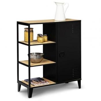 Aparador Industrial ESTER con 3 Estantes y Armario de Metal Negro, Tapa de Madera de 70 cm
