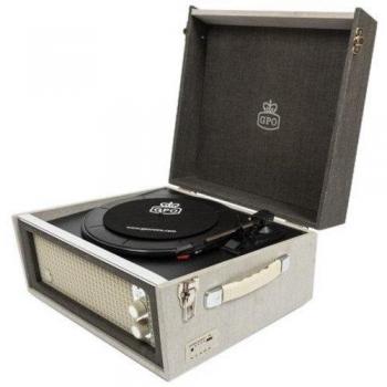 GPO Bermuda Retro Record Player with Removable Legs, Bluetooth Turntable with Built-in Speaker, MP3, USB, Vinyl Player Compatible with External Speakers, Grey