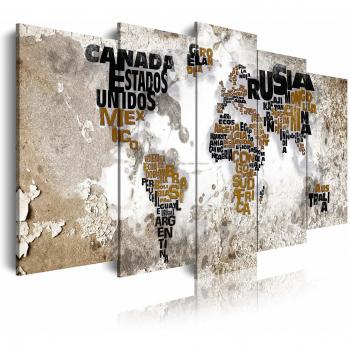 DekoArte 469 - Cuadros Modernos Impresión de Imagen Artística Digitalizada | Lienzo Decorativo para Salón o Dormitorio | Estilo Mapamundi Mapa del Mundo con Nombres de Países | 5 Piezas 200x100cm XXL